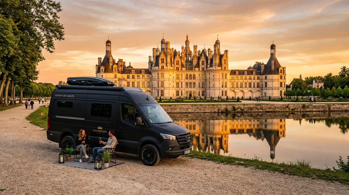Van 9 places avec chauffeur devant le Château de Chambord